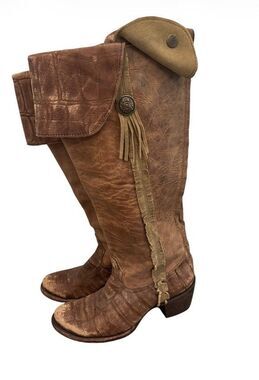 Corral Womens Knee High Zip Up Brown Fringe Studs Alligator Western Boots 8.5